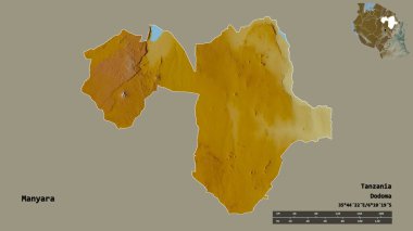 Manyara 'nın şekli, Tanzanya bölgesi, başkenti katı bir zemin üzerinde izole edilmiş. Uzaklık ölçeği, bölge önizlemesi ve etiketleri. Topografik yardım haritası. 3B görüntüleme
