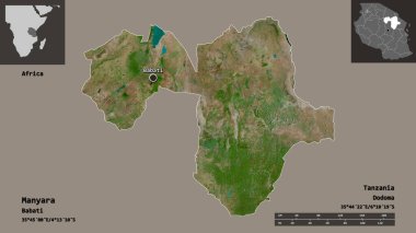 Manyara 'nın şekli, Tanzanya bölgesi ve başkenti. Uzaklık ölçeği, ön gösterimler ve etiketler. Uydu görüntüleri. 3B görüntüleme