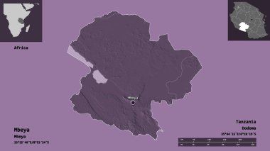 Mbeya 'nın şekli, Tanzanya bölgesi ve başkenti. Uzaklık ölçeği, ön gösterimler ve etiketler. Renkli yükseklik haritası. 3B görüntüleme