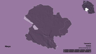 Mbeya 'nın şekli, Tanzanya bölgesi, başkenti katı bir zemin üzerinde izole edilmiş. Uzaklık ölçeği, bölge önizlemesi ve etiketleri. Renkli yükseklik haritası. 3B görüntüleme