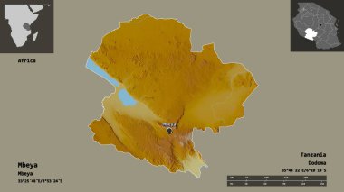 Mbeya 'nın şekli, Tanzanya bölgesi ve başkenti. Uzaklık ölçeği, ön gösterimler ve etiketler. Topografik yardım haritası. 3B görüntüleme