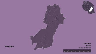 Morogoro 'nun şekli, Tanzanya bölgesi, başkenti katı bir zemin üzerinde izole edilmiş. Uzaklık ölçeği, bölge önizlemesi ve etiketleri. Renkli yükseklik haritası. 3B görüntüleme