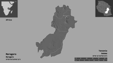 Morogoro 'nun şekli, Tanzanya bölgesi ve başkenti. Uzaklık ölçeği, ön gösterimler ve etiketler. Çift seviyeli yükseklik haritası. 3B görüntüleme