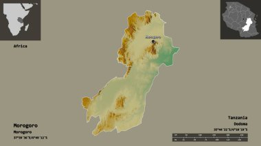 Morogoro 'nun şekli, Tanzanya bölgesi ve başkenti. Uzaklık ölçeği, ön gösterimler ve etiketler. Topografik yardım haritası. 3B görüntüleme