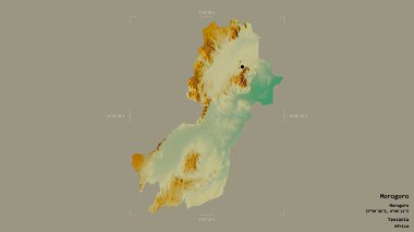 Morogoro bölgesi, Tanzanya bölgesi, katı bir arka planda izole edilmiş bir sınır kutusunda. Etiketler. Topografik yardım haritası. 3B görüntüleme