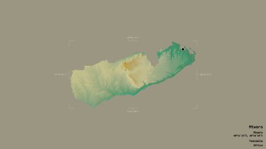Mtwara bölgesi, Tanzanya bölgesi, jeoreferatlı bir sınır kutusunda katı bir zemin üzerinde izole edilmiş. Etiketler. Topografik yardım haritası. 3B görüntüleme
