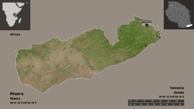 Mtwara 'nın şekli, Tanzanya bölgesi ve başkenti. Uzaklık ölçeği, ön gösterimler ve etiketler. Uydu görüntüleri. 3B görüntüleme