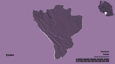 Tanzanya 'nın Njombe bölgesi, başkenti katı bir zemin ile izole edilmiştir. Uzaklık ölçeği, bölge önizlemesi ve etiketleri. Renkli yükseklik haritası. 3B görüntüleme