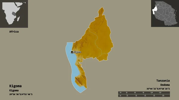 キゴマの形 タンザニアの地域 距離スケール プレビューおよびラベル 地形図 3Dレンダリング — ストック写真