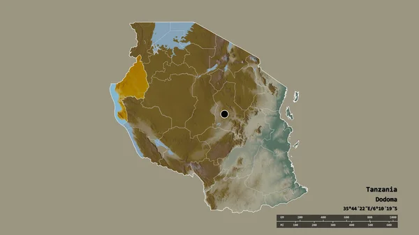 主要な地域部門と分離したキゴマ地域とタンザニアの荒廃した形 ラベル 地形図 3Dレンダリング — ストック写真