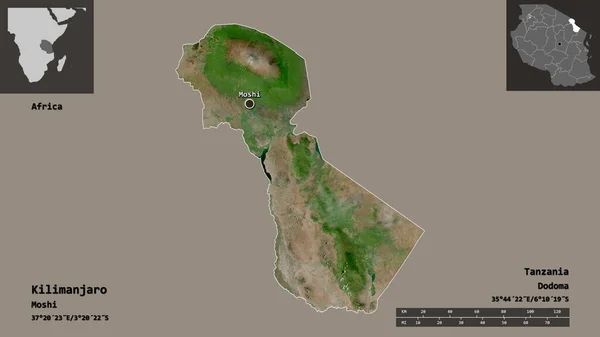 坦桑尼亚地区乞力马扎罗岛的形状及其首都 距离刻度 预览和标签 卫星图像 3D渲染 — 图库照片