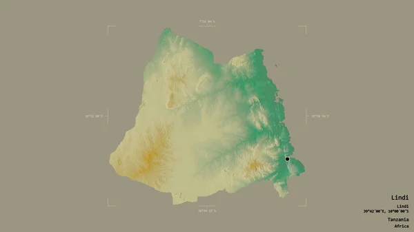 タンザニアの地域であるリンディの地域は 洗練された境界ボックス内の強固な背景に隔離されています ラベル 地形図 3Dレンダリング — ストック写真