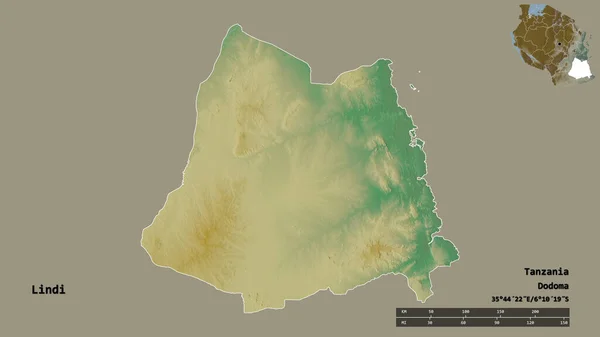 坦桑尼亚地区林迪的形状 其首都在坚实的背景上与世隔绝 距离尺度 区域预览和标签 地形浮雕图 3D渲染 — 图库照片