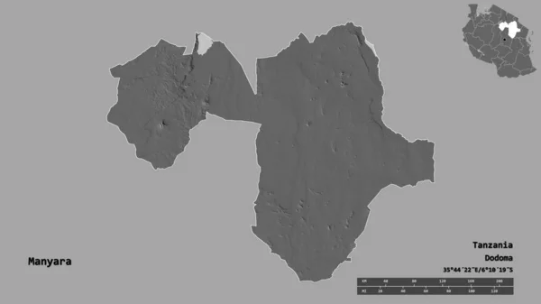 タンザニア地方のマニヤラの形で その首都はしっかりとした背景に隔離されています 距離スケール リージョンプレビュー およびラベル 標高マップ 3Dレンダリング — ストック写真