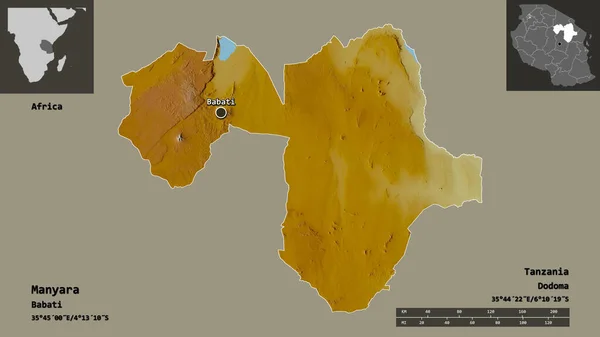 坦桑尼亚地区Manyara的形状及其首都 距离刻度 预览和标签 地形浮雕图 3D渲染 — 图库照片