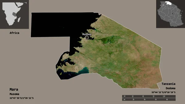 マラの形状 タンザニアの地域 およびその首都 距離スケール プレビューおよびラベル 衛星画像 3Dレンダリング — ストック写真
