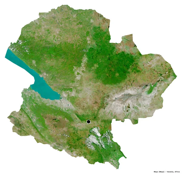 Kształt Mbei Regionu Tanzanii Stolicą Odizolowaną Białym Tle Zdjęcia Satelitarne — Zdjęcie stockowe