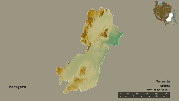 坦桑尼亚地区莫罗戈罗的形状 其首都在坚实的背景下与世隔绝 距离尺度 区域预览和标签 地形浮雕图 3D渲染 — 图库照片