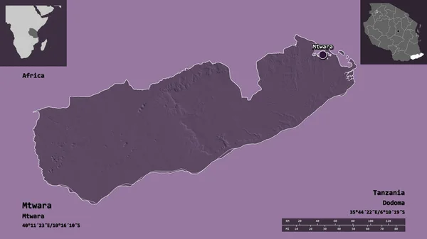 ムタラの形 タンザニアの地域 およびその首都 距離スケール プレビューおよびラベル 色の標高マップ 3Dレンダリング — ストック写真