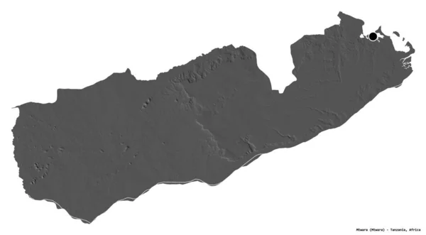 Kształt Mtwara Regionu Tanzanii Stolicą Odizolowaną Białym Tle Dwupoziomowa Mapa — Zdjęcie stockowe