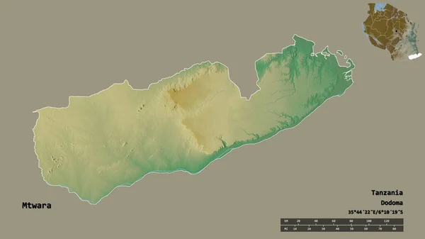 タンザニア地方のムタラの形で その首都はしっかりとした背景に隔離されています 距離スケール リージョンプレビュー およびラベル 地形図 3Dレンダリング — ストック写真