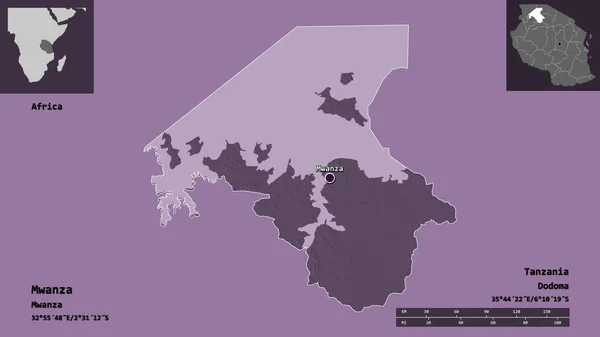 タンザニアの領域とその首都ムワンザの形状 距離スケール プレビューおよびラベル 色の標高マップ 3Dレンダリング — ストック写真