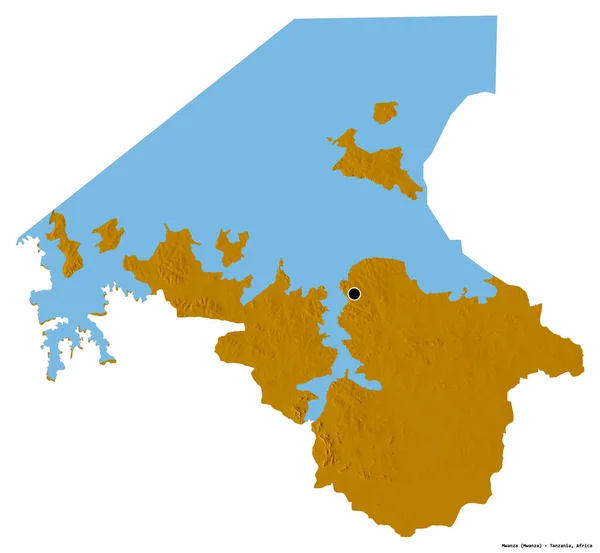 Kształt Mwanzy Regionu Tanzanii Stolicą Odizolowaną Białym Tle Mapa Pomocy — Zdjęcie stockowe