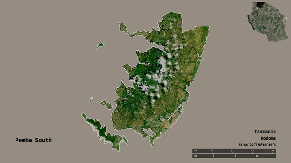 坦桑尼亚地区彭巴南部的形状 其首都在坚实的背景下与世隔绝 距离尺度 区域预览和标签 卫星图像 3D渲染 — 图库照片