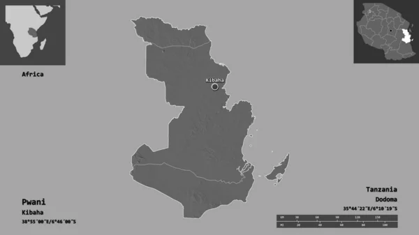 プヤニの形 タンザニアの地域 およびその首都 距離スケール プレビューおよびラベル 標高マップ 3Dレンダリング — ストック写真