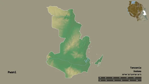 坦桑尼亚地区普瓦尼的形状 其首都在坚实的背景下与世隔绝 距离尺度 区域预览和标签 地形浮雕图 3D渲染 — 图库照片