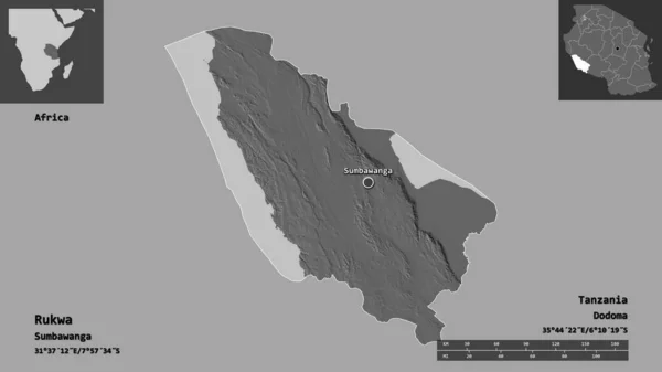 ルクワの形 タンザニアの地域 距離スケール プレビューおよびラベル 標高マップ 3Dレンダリング — ストック写真