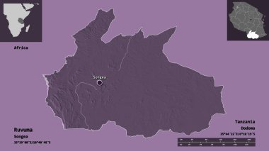Ruvuma 'nın şekli, Tanzanya bölgesi ve başkenti. Uzaklık ölçeği, ön gösterimler ve etiketler. Renkli yükseklik haritası. 3B görüntüleme