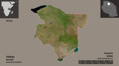 Simiyu 'nun şekli, Tanzanya bölgesi ve başkenti. Uzaklık ölçeği, ön gösterimler ve etiketler. Uydu görüntüleri. 3B görüntüleme