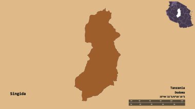 Singida 'nın şekli, Tanzanya bölgesi, başkenti sağlam bir zemin üzerinde izole edilmiş. Uzaklık ölçeği, bölge önizlemesi ve etiketleri. Desenli dokuların bileşimi. 3B görüntüleme