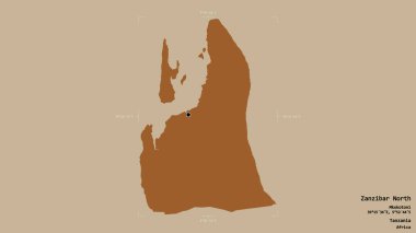 Kuzey Zanzibar bölgesi, Tanzanya bölgesi, katı bir zemin üzerinde izole edilmiş bir sınır kutusunda. Etiketler. Desenli dokuların bileşimi. 3B görüntüleme