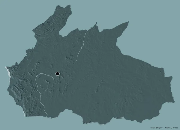 坦桑尼亚鲁伍马地区的形状 其首都以纯色背景隔离 彩色高程图 3D渲染 — 图库照片