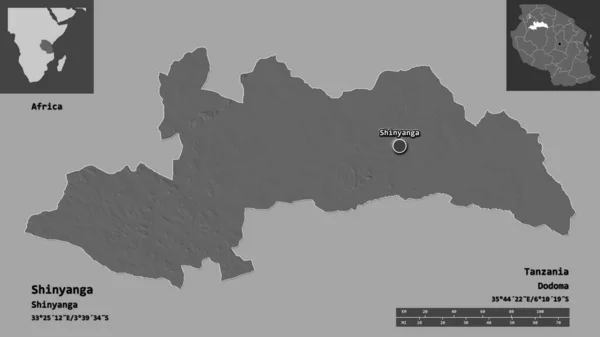 坦桑尼亚地区新扬加的形状及其首都 距离刻度 预览和标签 Bilevel高程图 3D渲染 — 图库照片