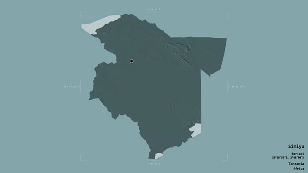 タンザニアのシミユ地域は 地理的な境界の箱の中にしっかりとした背景に隔離されています ラベル 色の標高マップ 3Dレンダリング — ストック写真
