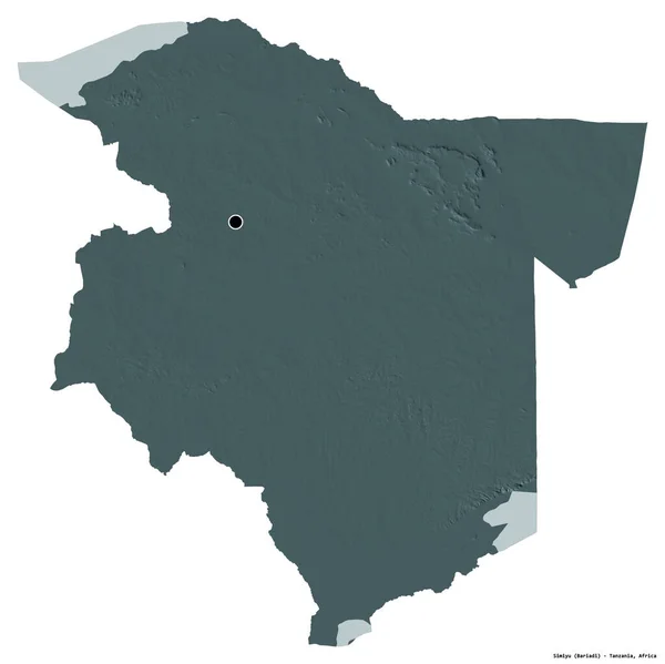 坦桑尼亚西米尤地区的形状 其首都被白色背景隔离 彩色高程图 3D渲染 — 图库照片