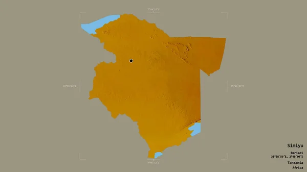 タンザニアのシミユ地域は 地理的な境界の箱の中にしっかりとした背景に隔離されています ラベル 地形図 3Dレンダリング — ストック写真