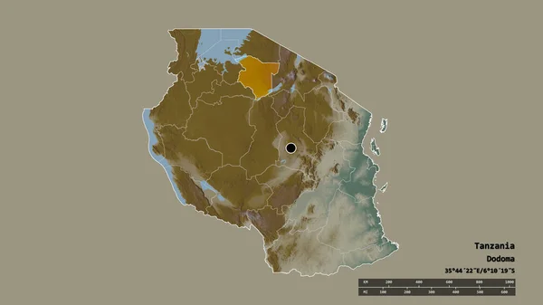 主要な地域部門と分離されたSimuyu地域とタンザニアの荒廃した形 ラベル 地形図 3Dレンダリング — ストック写真