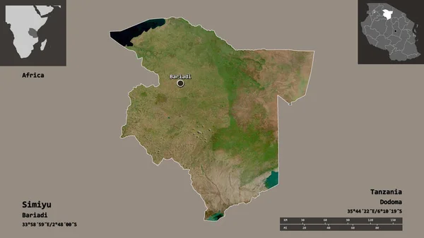 Форма Сімію Регіону Танзанії Його Столиці Масштаб Відстаней Превью Етикетки — стокове фото