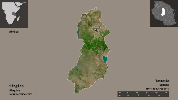 坦桑尼亚地区辛吉达的形状及其首都 距离刻度 预览和标签 卫星图像 3D渲染 — 图库照片