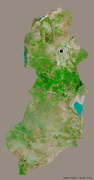 坦桑尼亚地区辛吉达的形状 其首都以纯色背景隔离 卫星图像 3D渲染 — 图库照片