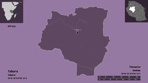 Taboraの形状 タンザニアの地域 そしてその首都 距離スケール プレビューおよびラベル 色の標高マップ 3Dレンダリング — ストック写真