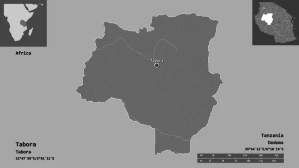 Taboraの形状 タンザニアの地域 そしてその首都 距離スケール プレビューおよびラベル 標高マップ 3Dレンダリング — ストック写真