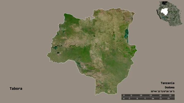 坦桑尼亚地区塔博拉的形状 其首都在坚实的背景下与世隔绝 距离尺度 区域预览和标签 卫星图像 3D渲染 — 图库照片