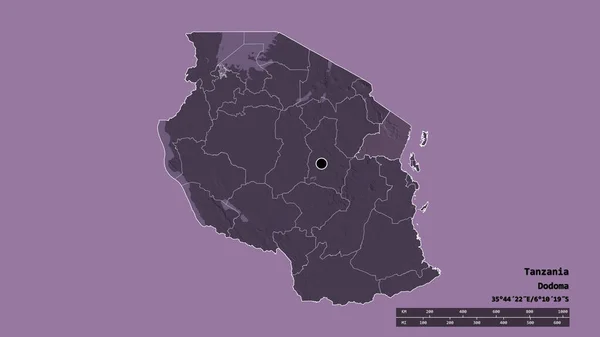 主要な地域部門と分離タンガ地域とタンザニアの荒廃した形状 ラベル 色の標高マップ 3Dレンダリング — ストック写真