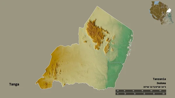 坦桑尼亚Tanga地区的形状 其首都在坚实的背景下与世隔绝 距离尺度 区域预览和标签 地形浮雕图 3D渲染 — 图库照片