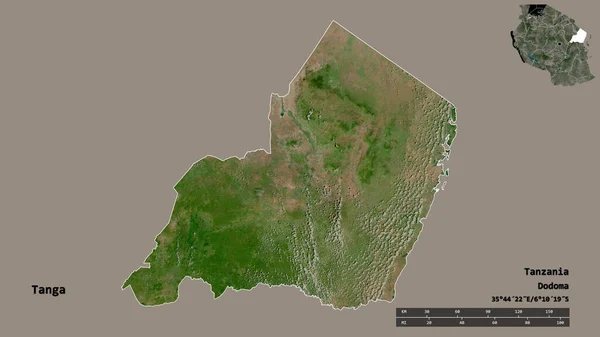 タンガの形 タンザニアの地域 その首都は 固体の背景に隔離されました 距離スケール リージョンプレビュー およびラベル 衛星画像 3Dレンダリング — ストック写真